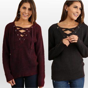 Charcoal Gray Mineral Washed V-Neck Lace-Up Front Sweater C0650
